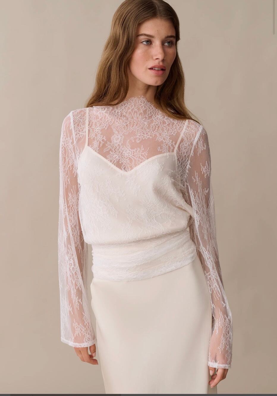 o.p.t Salome Top White Sheer Lace High Neck Back Tie Blouse Size L